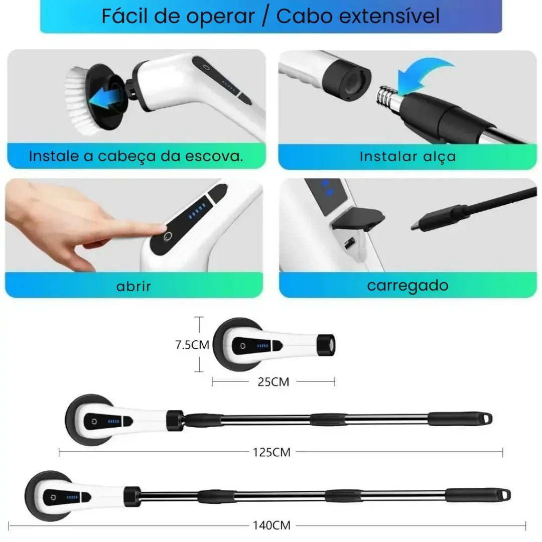 Escova Elétrica de Limpeza 9 em 1 com Cabo Extensor - AvexaEscova Elétrica de Limpeza 9 em 1 com Cabo ExtensorEscova Elétrica de Limpeza 9 em 1 RecarregávelAvexa