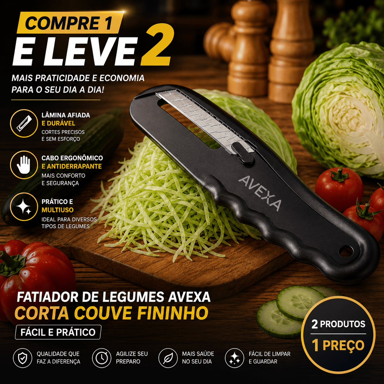 Fatiador de Legumes AVEXA - Corta Couve e Repolho Fino - Compre 1 Leve 2 - AvexaFatiador de Legumes AVEXA - Corta Couve e Repolho Fino - Compre 1 Leve 2Avexa