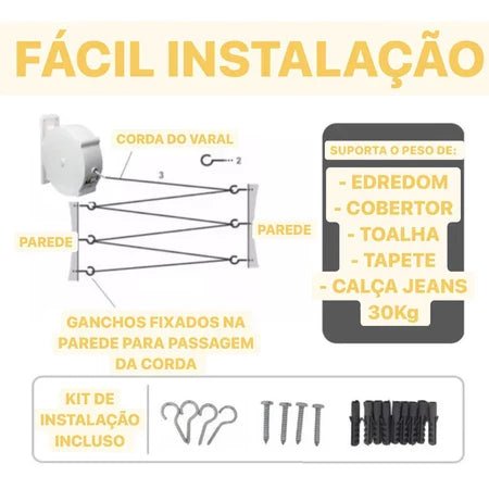 FlexLine - Varal de Parede Super Resistente Com 30 Metros e Corda Recolhível - Entrega Grátis - AvexaFlexLine - Varal de Parede Super Resistente Com 30 Metros e Corda Recolhível - Entrega GrátisAvexa