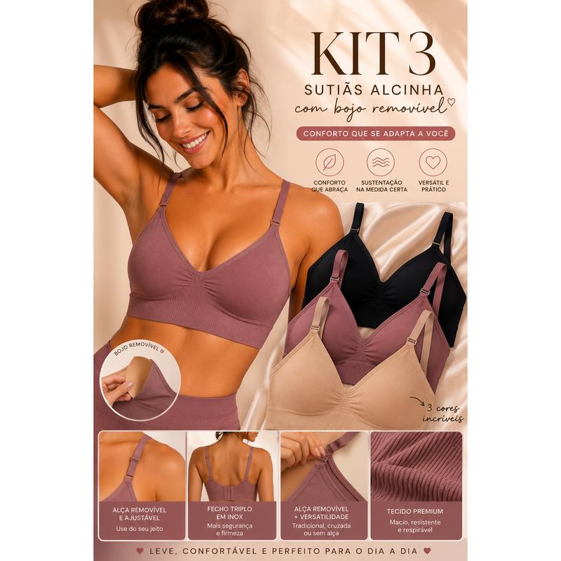 KIT 3 Top Sutiã alça fina Removível Importado Com Bojo Removível Conforto e Estilo - AvexaKIT 3 Top Sutiã alça fina Removível Importado Com Bojo Removível Conforto e EstiloKit 3 Sutiãs Luna Comfort™Avexa