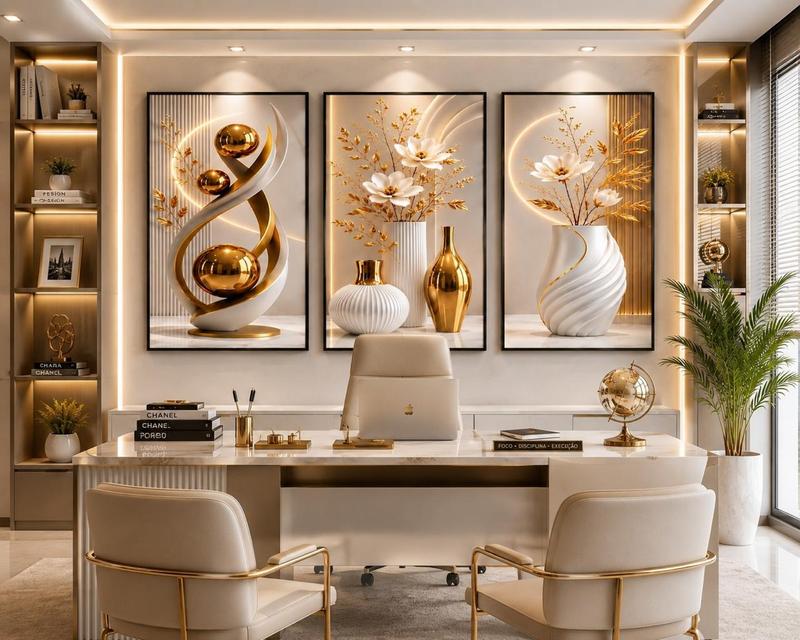 Kit com 3 Quadros Decorativos - Abstrato Geométrico Dourado, Com Moldura - AvexaKit com 3 Quadros Decorativos - Abstrato Geométrico Dourado, Com MolduraAvexa