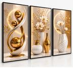Kit com 3 Quadros Decorativos - Abstrato Geométrico Dourado, Com Moldura - AvexaKit com 3 Quadros Decorativos - Abstrato Geométrico Dourado, Com MolduraAvexa