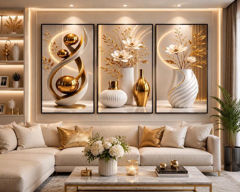 Kit com 3 Quadros Decorativos - Abstrato Geométrico Dourado, Com Moldura - AvexaKit com 3 Quadros Decorativos - Abstrato Geométrico Dourado, Com MolduraAvexa