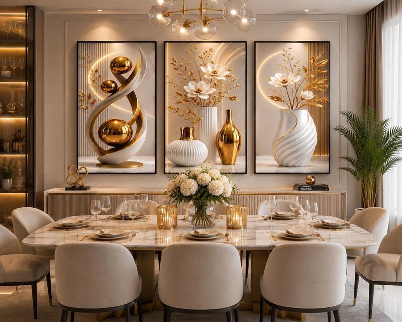 Kit com 3 Quadros Decorativos - Abstrato Geométrico Dourado, Com Moldura - AvexaKit com 3 Quadros Decorativos - Abstrato Geométrico Dourado, Com MolduraAvexa