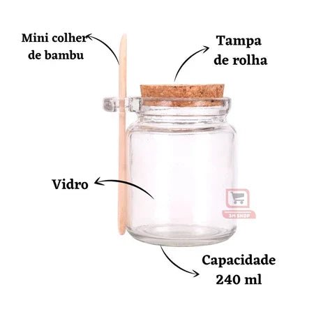 Kit Potes de Vidro 240ml com Tampa Rolha e Colher de Bambu - Entrega Grátis - AvexaKit Potes de Vidro 240ml com Tampa Rolha e Colher de Bambu - Entrega GrátisAvexa