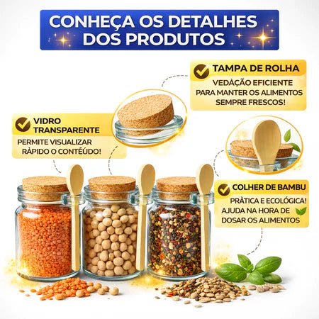 Kit Potes de Vidro 240ml com Tampa Rolha e Colher de Bambu - Entrega Grátis - AvexaKit Potes de Vidro 240ml com Tampa Rolha e Colher de Bambu - Entrega GrátisAvexa