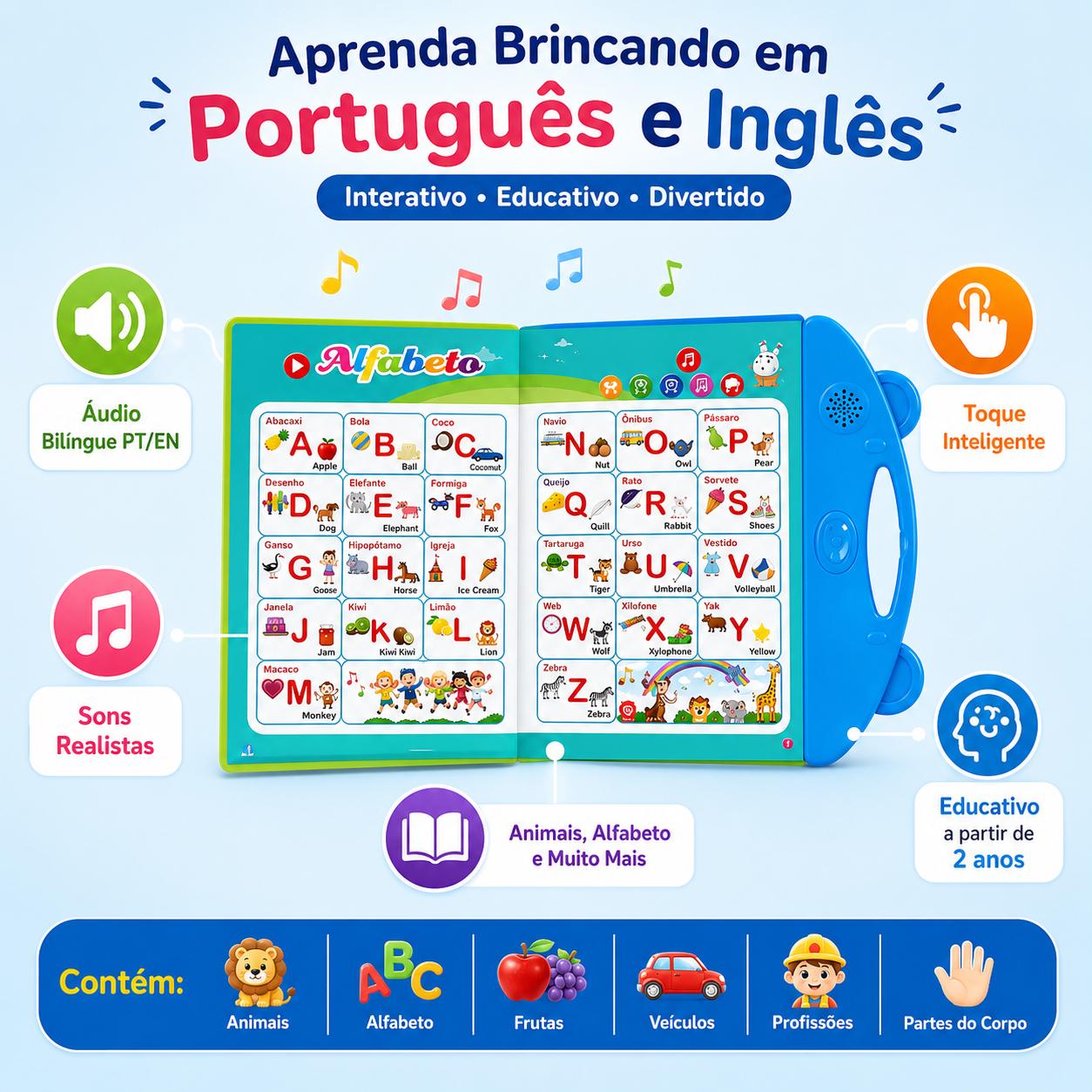 Livro Infantil Bilíngue Português e Inglês Interativo com Lousa Mágica Reutilizável - AvexaLivro Infantil Bilíngue Português e Inglês Interativo com Lousa Mágica ReutilizávelAvexa
