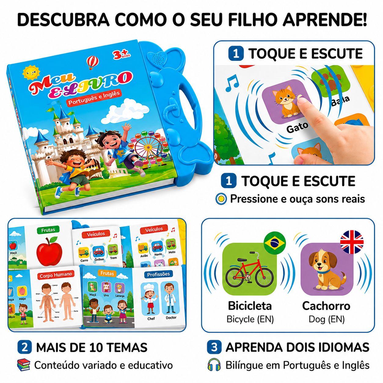Livro Infantil Bilíngue Português e Inglês Interativo com Lousa Mágica Reutilizável - AvexaLivro Infantil Bilíngue Português e Inglês Interativo com Lousa Mágica ReutilizávelAvexa