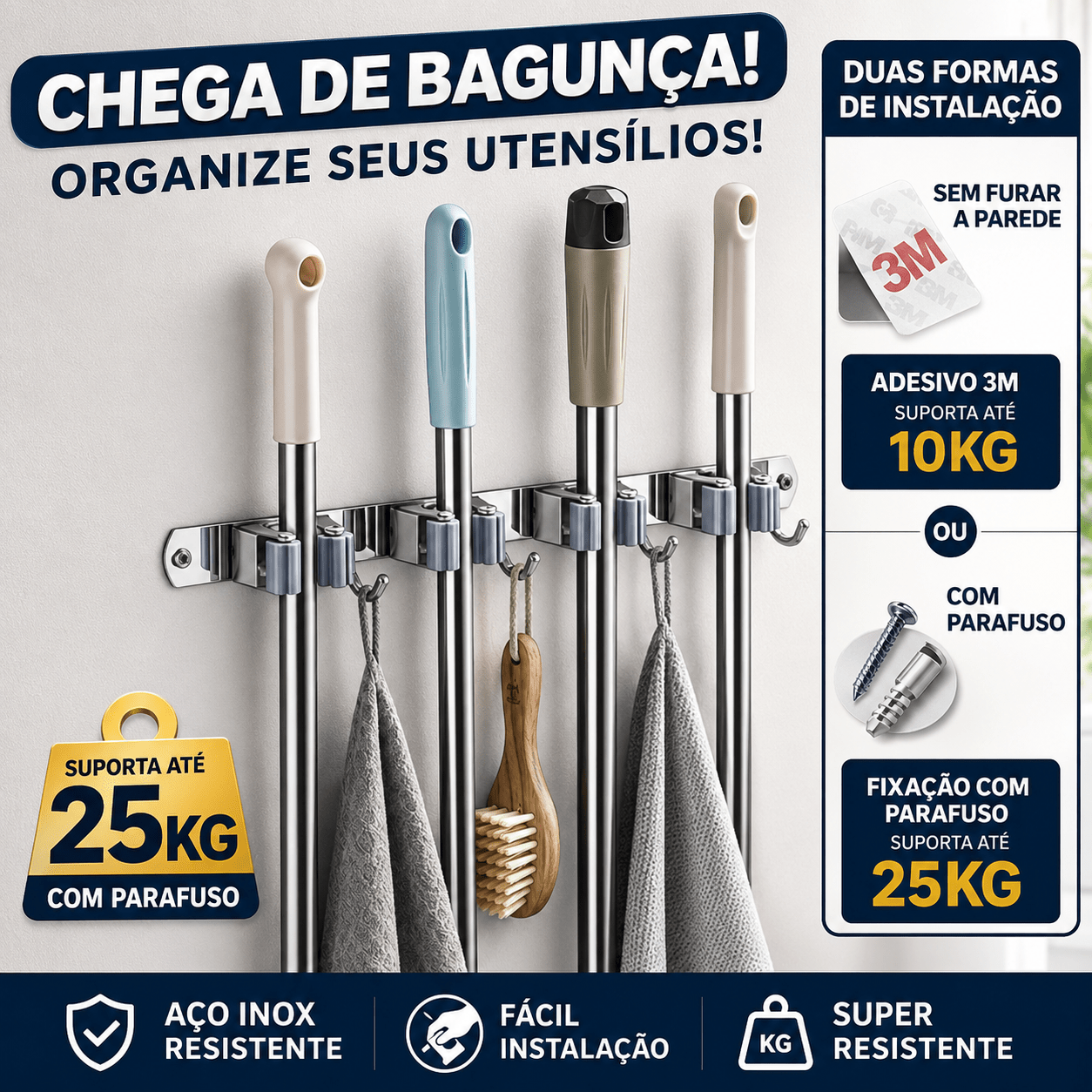 UltraGrip Inox - Suporte para Vassouras e Rodos - Compre 1 Leve 2 - AvexaUltraGrip Inox - Suporte para Vassouras e Rodos - Compre 1 Leve 2Avexa